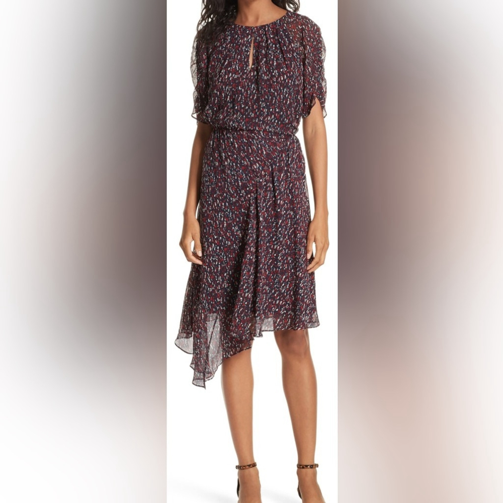 Joie x Revolve Nancilea asymmetric 100% silk dress keyhole purple navy print USM